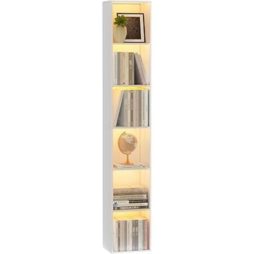 6 Tier Bookcase with LED Lights, 71" H Tall Narrow Bookshelf, Wooden Display Storage Shelves for Home Office, Living Room, Bed Room, Size:11.8" W x 71.2" H x 9.4" D, White