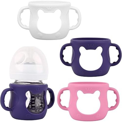 3 Pack Silicone Sleeves for Avent Natural Glass Baby Bottles, Anti Breakage Baby Bottle Sleeves with Handles, Compatible Philips Avent Glass Natural Baby Bottle 4 oz(White+Pink+Purple)