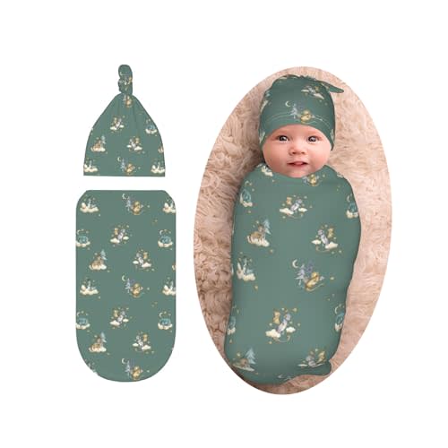 Cute Dragon Print Baby Swaddle Blanket with Beanie Set, Soft Cloud Moon Star Swaddle Sack Newborn Receiving Blanket for Girls Boys