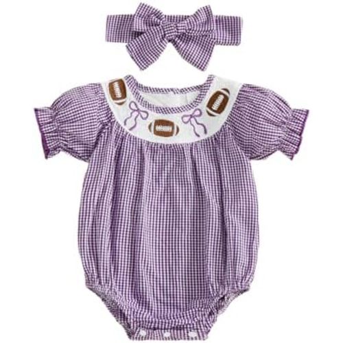 Hulpvktsgiq Toddler Baby Girl Football Outfit Cute Plaid Embroidery Smocked Romper/Dress Short Sleeve Clothes with Headband