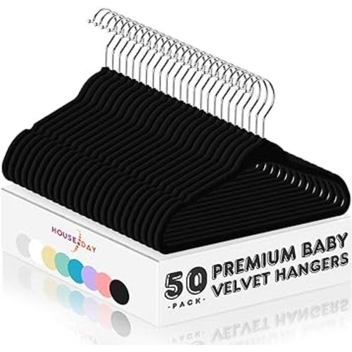 HOUSE DAY Velvet Baby Hangers 50 Pack, Premium Children's Hangers for Baby, Infant & Toddler Clothes, Durable Non Slip Baby Felt Hangers Black, 11 Inch Baby Hangers for Closet, Ideal for Everyday Use