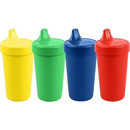 Re-Play Made in USA 10 Oz. Sippy Cups for Toddlers, Pack of 4 - Reusable Spill Proof Cups for Kids, Dishwasher/Microwave Safe - Hard Spout Sippy Cups for Toddlers 3.13" x 6.25", Primary
