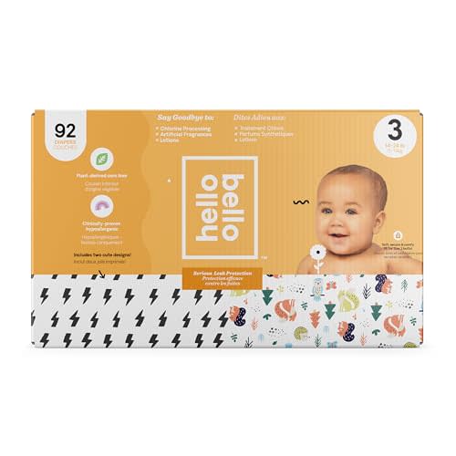 Hello Bello Diapers, Size 3 (14-24 lbs) - 92 Count of Premium Disposable Baby Diapers in Bolt Babes & Woodland Animals Designs - Hypoallergenic with Soft, Cloth-Like Feel