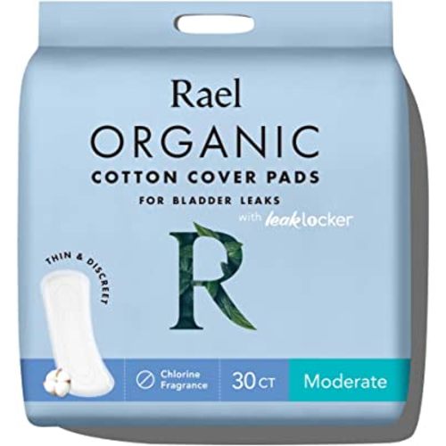 Rael Incontinence Pads for Women, Organic Cotton Cover - Postpartum Essential, Heavy Absorbency, Bladder Leak Control, 4 Layer Core with Leak Guard Technology, Long Length (Moderate, 30 Count)