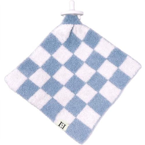 L+L USA Checkered Baby Lovey Pacifier/Teether Holder 10"x10" - DreamSoft Plush Fluffy Cuddly Soothie Reversible Mini Comfort Blanket - Cute Newborn Gift Essential Babies Boys Girls (Steel Blue/White)