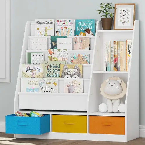 UTEX 5-Tier Kids Sling Bookshelf with Storage Bins, Wood Children Bookcase, Toddler Montessori Book Shelf for Kids Room, Classroom, Bedroom, and Nursery, White
