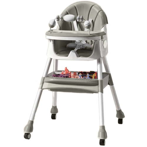 JOJOLAM 4-in-1 Baby High Chair, Foldable with Double Plate & Toy Rack, Gray