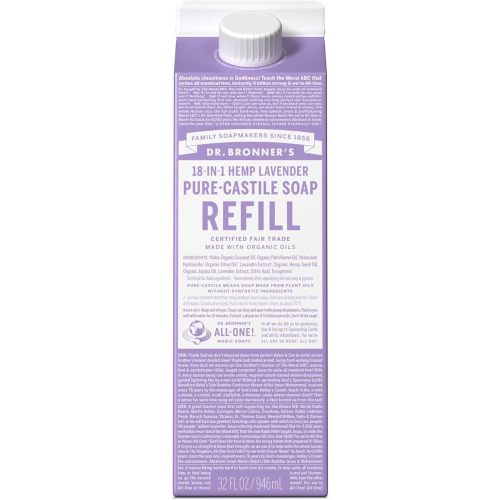 Dr. Bronner's Pure-Castile Liquid Soap Refill - Made with Regenerative Organic Certified Oils, 82% Less Plastic - 18-in-1 Uses for Face, Body Wash, Hand Soap Refill & More - Lavender, 32oz
