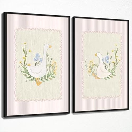Silly Goose Canvas Wall Art, Pink Nursery Cute Animal Poster, Set of 2 Goose and Pale Pink Flowers Print Painting, Sweet Floral Botanical Picture for Baby Kids Bedroom 16x24in Unframed