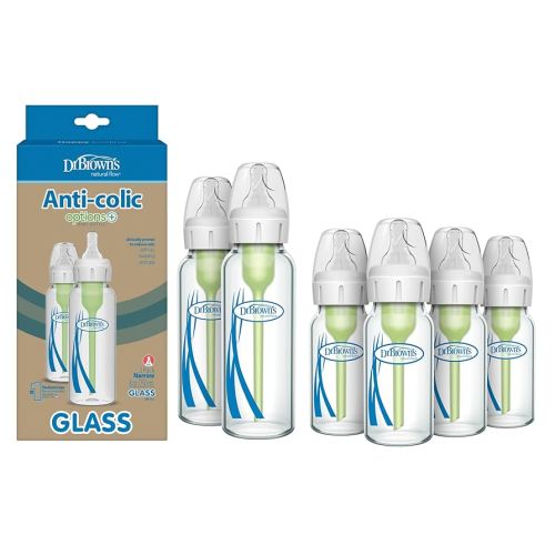 Dr. Brown's Natural Flow Anti-Colic Options+ Narrow Glass Baby Bottles, 4 oz 4-Pack & 8 oz 2-Pack, with Level 1 Slow Flow Nipples, Anti-Colic Vent System, BPA Free, Dishwasher Safe, 0m+