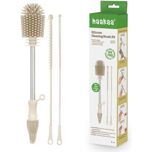 Haakaa Silicone Cleaning Brush Kit – Household Cleaning Brushes for Bottles and Crevices – Food-Grade Silicone: Dishwasher Safe (Kit-Pebble)