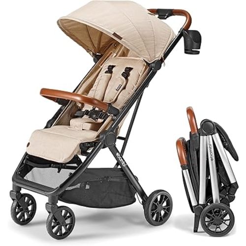 Bombi Bēbee V2 Lightweight Baby Stroller - Premium Vegan Leather, One-Hand Fold, Infinite Recline, Aircraft-Grade Aluminum Frame, XXL Canopy, and Ample Storage Umbrella Stroller - Sand