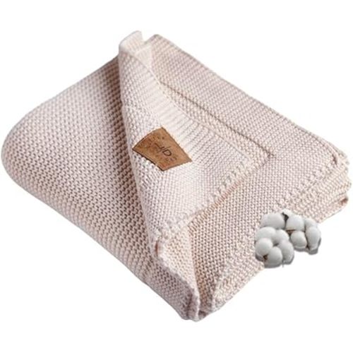 100% Organic Cotton Baby Knitted Blanket with Gift Box - Soft Toddler, Crib, Stroller Blanket - Neutral Swaddle and Receiving Blanket for Newborns, 30"x40", Stone