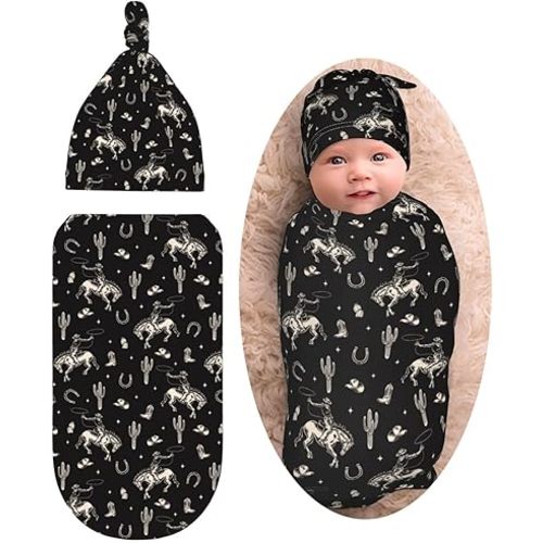 Cowboy Western Cactus Horse Baby Stuff Newborn Baby Swaddle Blanket with Beanie Hat,Swaddle Blanket Gifts for Infant Shower Boys Girls