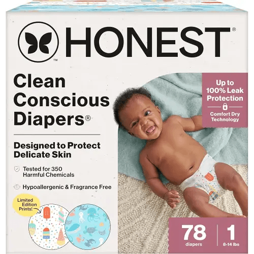 The Honest Company Clean Conscious Diapers for Sensitive Skin | Up to 100% Leakproof | Hypoallergenic, Fragrance Free | Summer '25 Limited Edition Prints | Club Box, Size 1 (8-14 lbs), 78 Count