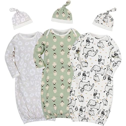 Newborn Unisex Baby Boys Girls Cartoon Sleeper Gown Long Sleeve Nightgown Sleepsuits with Mitten Cuffs & Hats Set, 0-3 Months