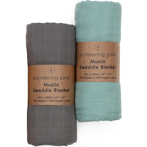 Organic Baby Muslin Swaddle Blankets - Solid Grey and Blue Swaddle Blanket 2 Pack - Soft Organic Cotton and Natural Bamboo Muslin, XLarge and Breathable, 47" X 47"