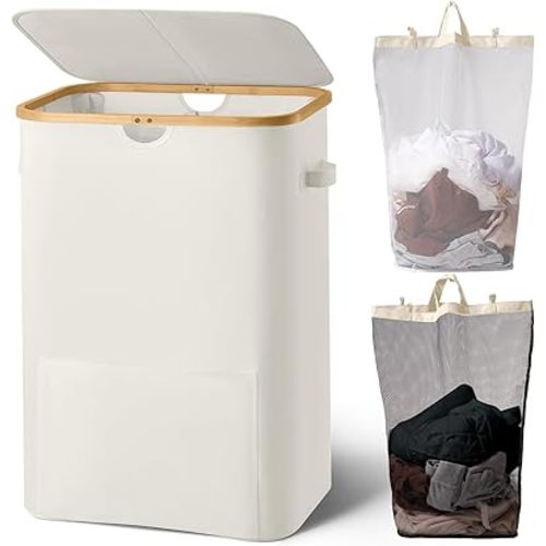 Laundry Basket with Lid,Double Laundry Hamper with Handles and 2 Removable Inner Bags,Large Hamper with Bamboo Handles for Laundry Room, Dorm and Bedroom,150L Beige