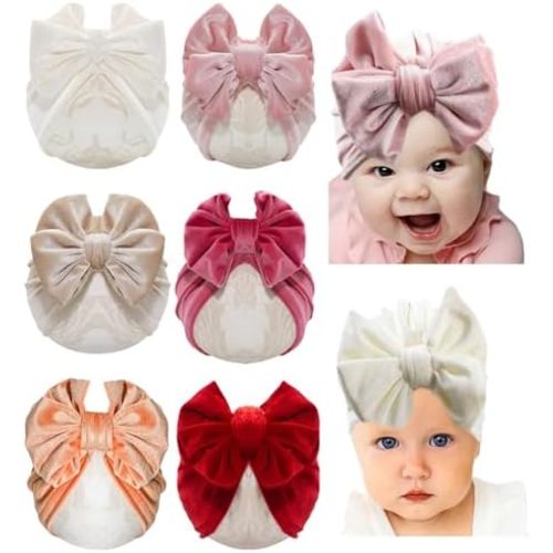 Baby Girls Hair Bow Turban Hat 6PCS Set, Top Bowknot Head Wrap Beanie India Caps for Infant Toddlers