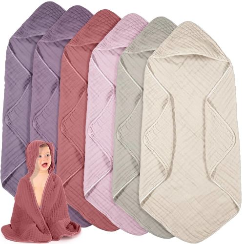 Peryiter 6 Pcs Muslin Hooded Baby Towels, 32"x 32" Cotton Newborn Bath Towel Muslin Infant Baby Blankets Absorbent Unisex Newborn Registry Gift Essentials for Girls Boys (Brown Series)
