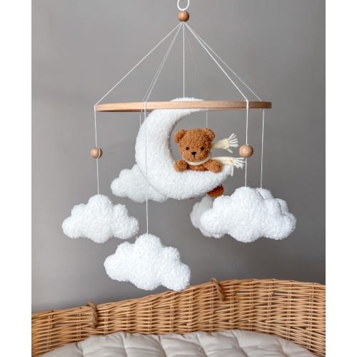 Mobile Teddy Bear Boucle baby mobile Crib mobile with boucle bear moon and clouds Boucle mobile moon nursery