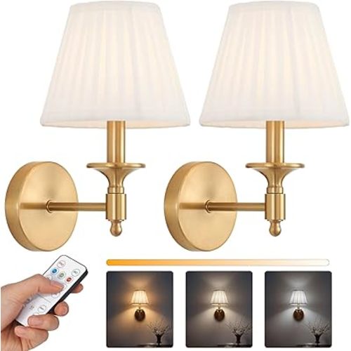 Battery Operated Wall Sconce Set of 2, Gold Wireless Wall Lights with 3 CCT Color Temperature & Dimmable Magnetic Bulb and Remote, Rechargeable Wall Decor Lamp for Bedroom Living Room Hallway