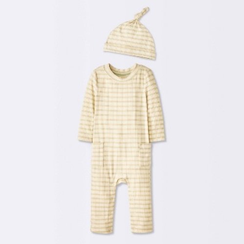 Baby Jacquard Checkered Romper & Hat - Cloud Island™ Tan Newborn
