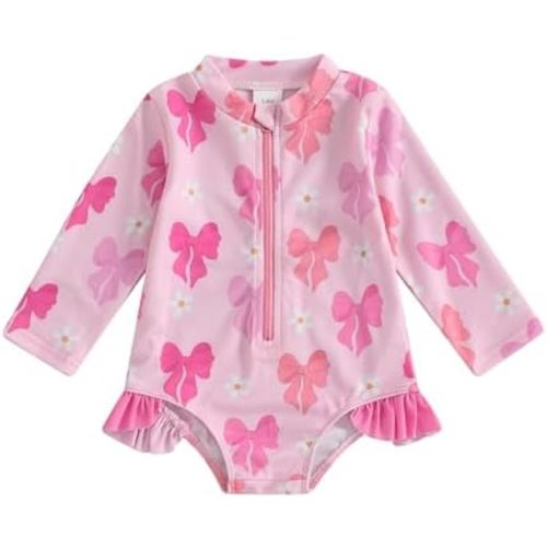 Baby Girl Swimsuit Baby Girls Long Sleeve One Piece Swimsuit Romper with Hat Bathing Suit Beach Rash Guard
