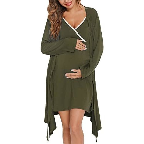 SWOMOG Womens Maternity Robe 2 Piece Nursing Nightgown for Breastfeeding 3 in 1 Labor Delivery Nursing Dress Lace Bathrobe