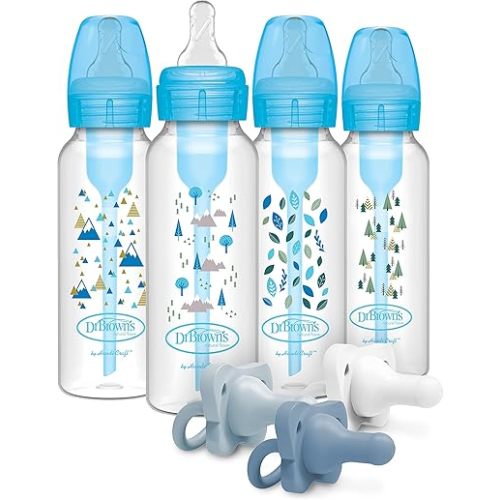 Dr. Brown’s Anti-Colic Options+ Baby Bottles, Narrow, Blue Nature Designs, 8oz, 4 Pack and HappyPaci 100% Silicone Pacifier 0-6m, BPA Free, White, Blue, Light Blue 3-Pack