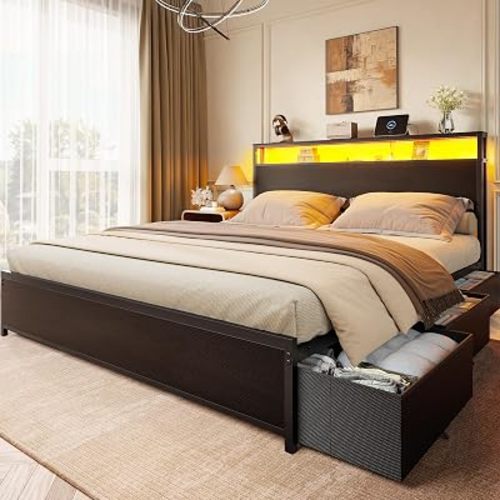 Forestell Queen Bed Frame with 2-Tier Storage Headboard & 6 Drawers