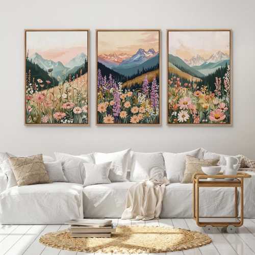 Mountain Wildflower Wall Art Set of 3 - Framed Pastel Canvas Prints, Boho Sunset Landscape with Floral Elements for Rustic Living Room Decor