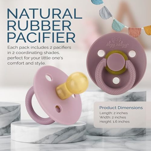 Itzy Ritzy Natural Rubber Pacifiers, Set of 2 – Natural Rubber Newborn Pacifiers with Cherry-Shaped Nipple & Large Air Holes for Added Safety; Set of 2 in Orchid & Lilac, Ages 0 – 6 Months