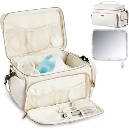 VEVOR Breast Pump Bag, Breast Feeding Bag with Waterproof Mat, Fits for S1/S2, Pumping Accessories & Breastmilk Storage, Portable Pump Carrying Case for Work, Travel and Family Use, Beige