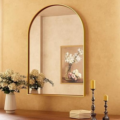 TETOTE Gold Arched Mirror for Vanity, 20 x 30 Brushed Gold Metal Framed Arch Mirror Wall Mounted, Tempered Glass Shatterproof Decorative Farmhouse Mirror for Bathroom, Entryway, Living Room