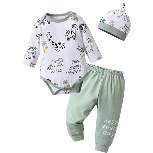 Newborn Infant Baby Boy Clothes Print Long Sleeve Bodysuit + Pants + Hat 3 PCS Outfits Set