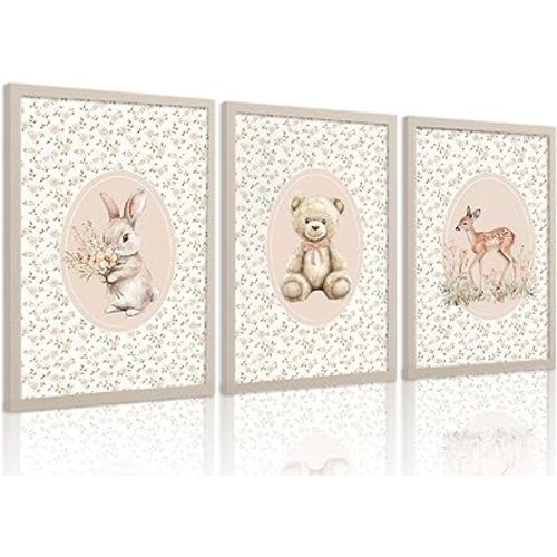 Pink Baby Girl Nursery Wall Art Vintage Sage Green Floral Woodland Animal Picture Wall Decor Bunny Teddy Bear and Deer Poster Country Farmhouse Painting Print Artwork for Kids Room Bedroom, Unframed