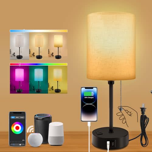 JBZ Smart Bedside Table Lamp for Bedroom, WiFi Dimmable Reading Lamps for Kids with Alexa Google, 3 Color Temperatures and USB Charging, Pull Chain Switch and LED Bulb 9W, for Study Room Living Room