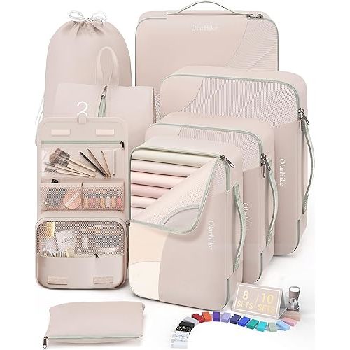 10 Set/8 Set Packing Cubes for Travel, Gifts for Women Mom,Anti-Tearing Suitcase Organizer for Luggage with Shoe & Hanging Toiletry Bag,OlarHike Vacation Essentials & Accessories for Cruise Ship,Cream
