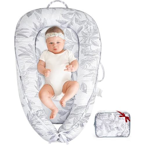HKAI Baby Lounger - Infant Lounger for Newborn to 24 Months, Soft & Breathable Cotton Baby Nest, Portable Newborn Essentials for Boys & Girls, Cozy Baby Floor Seat for Home & Travel