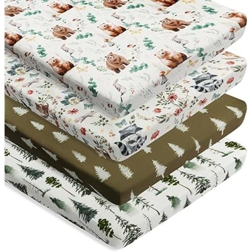 4 Pack N Play Sheets Woodland Forest Animals Wood Neutral Unisex Fitted Baby N Play Sheets Fitted for Standard Pack and Plays and Mini Cribs Set for Baby Boys or Girls (Cartoon Beer)