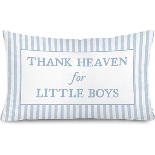 Boy Nursery Decor 12x20 Pillow Cover, Thank Heaven for Little Boys Blue Striped Decorative Throw Pillow Covers Pillowcases for Kids Toddler Boy Nursery Room Bedroom Playroom Decor