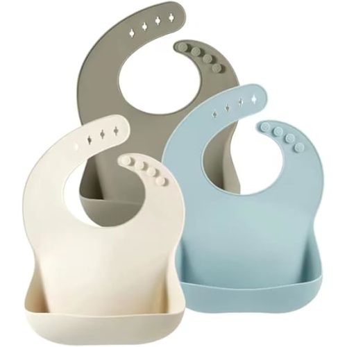 PandaEar Silicone Baby Bibs Set of 3 for Toddlers, BPA Free Waterproof Adjustable Feeding Bib with Large Pocket Food Catcher