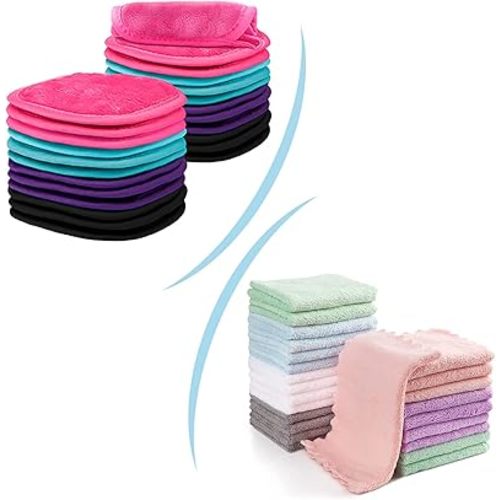 Orighty Baby Washcloths 24-Pack Microfiber Coral Fleece Baby Face Towels, Bundle with Makeup Remover Cloths 24 Pack, Reusable Microfiber Facial Cleansing Cloths
