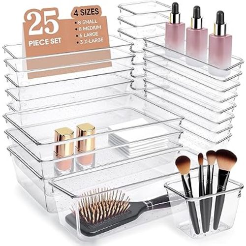 Clear Acrylic Drawer Organizers Set Storage for Makeup, Office Desk Small Vanity Trays for Drawer Bathroom Plastic Make up Organizers 25 Pcs