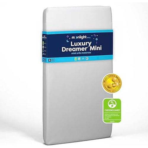 Moonlight Slumber Luxury Dreamer Mini Crib Mattress - Cool Memory Foam Layer and Breathable Cover - Hypoallergenic, Waterproof, Dual-Sided, 2-Stage Mattress - 38"x24"x5"