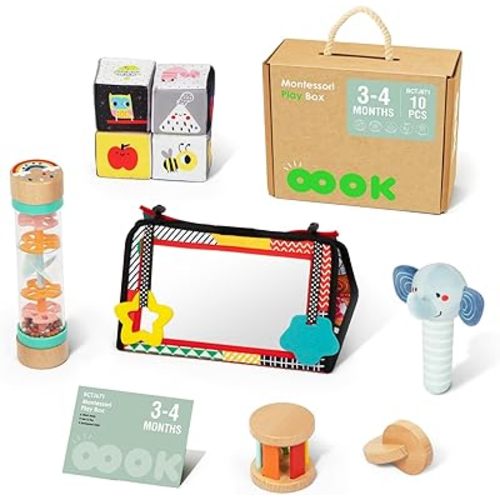 Montessori Toys for Babies 0-6 Months, 7 in 1 Learning Educational Set Newborn Toys (Includes Tummy Time Toys,Beaded Raindrops,Fabric Blocks,Rolling Drum,interocking Discs)