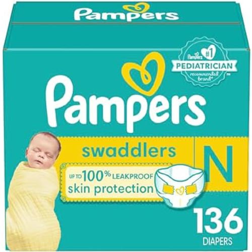 Pampers Diapers Newborn/Size 0 (< 10 lb / < 4.5 Kgs), 136 Count - Swaddlers Disposable Baby Diapers (Packaging May Vary)