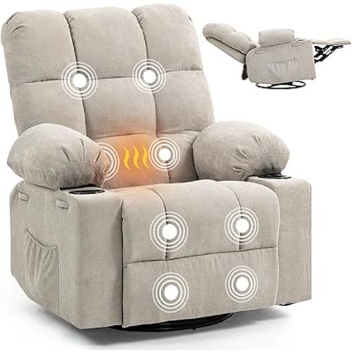 Quiet Massage Recliner Chair with Heat, 360 Swivel Rocker Glider for Nursing, Back Pain Relief, Manual Overstuffed Single Sofa with Cup Holders & Side Pockets, Oatmeal Gray