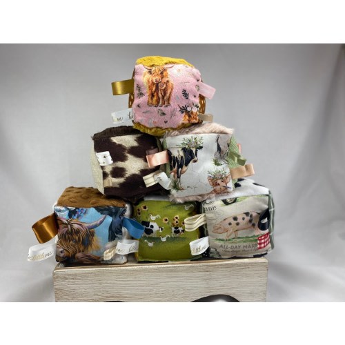 Farm Theme Stuffed Crunchy Cube, cow print sensory play, best baby toy, farm animal handmade baby crinkle toy